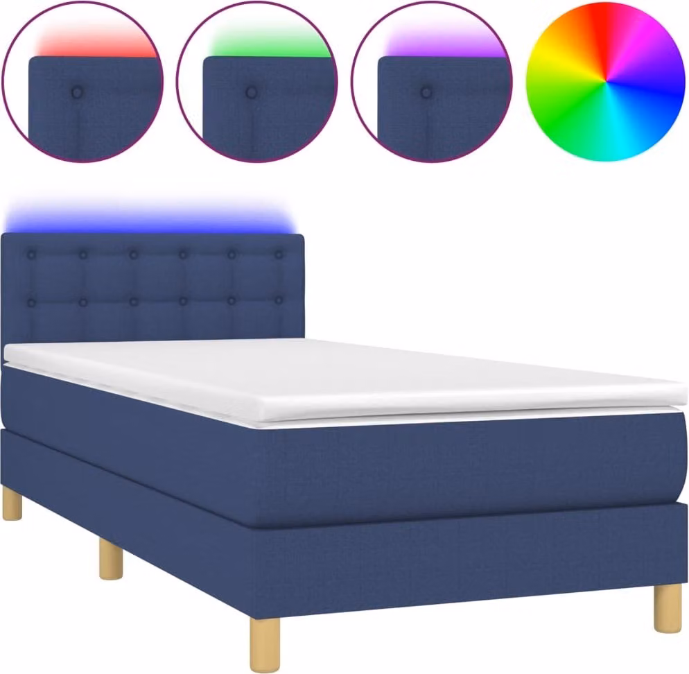 Letto a Molle con Materasso e LED Blu 90x200 cm in Tessuto
