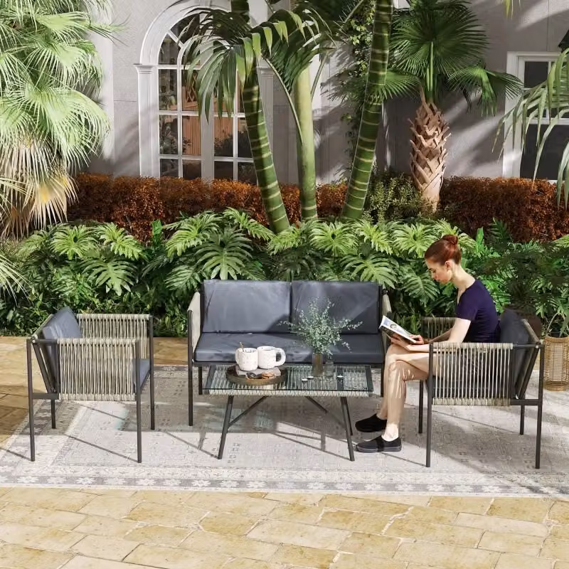 Set da giardino e balcone moderno in rattan grigio con divano a 2 posti, poltrona lounge, tavolino da caffè in vetro e cuscini imbottiti – 2