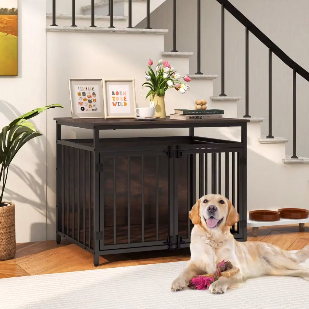 Cuccia per cani robusta e antimasticazione in metallo con 3 porte e tetto, design rustico marrone, ideale come canile o tavolino decorativo – 2