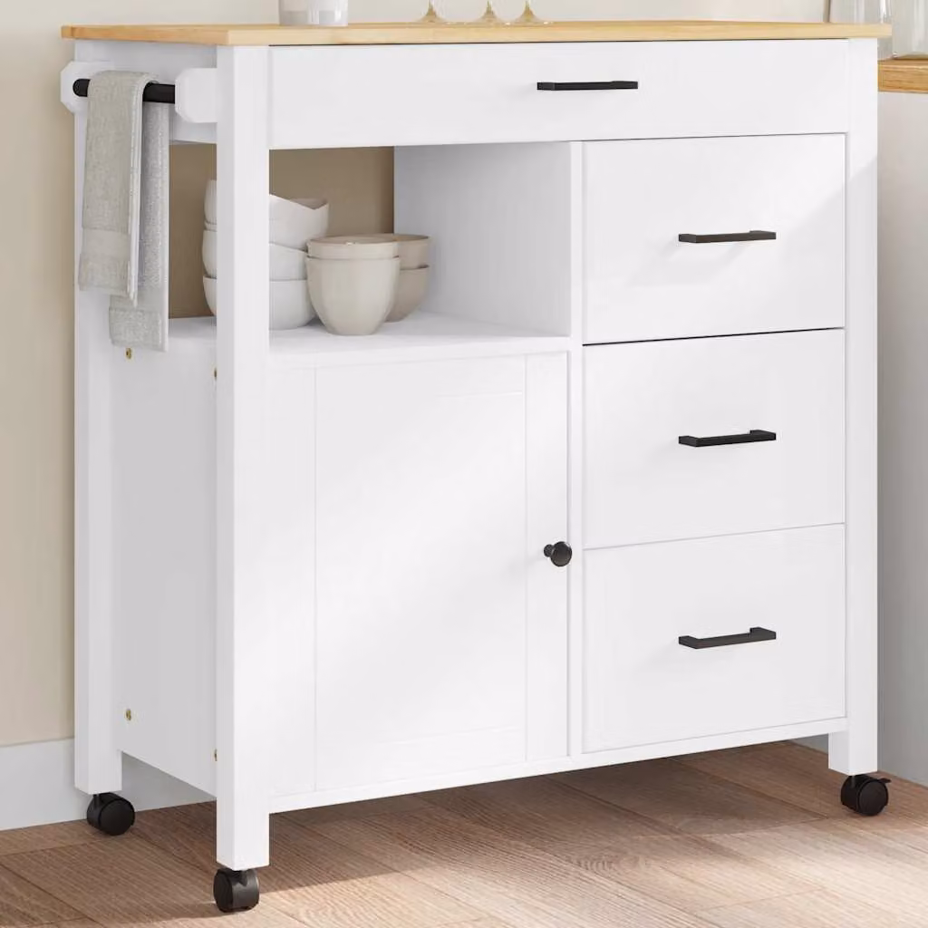vidaXL Carrello da Cucina MONZA in Legno Massello di Pino Bianco, L/P/H: 84 x 40 x 88,5 cm