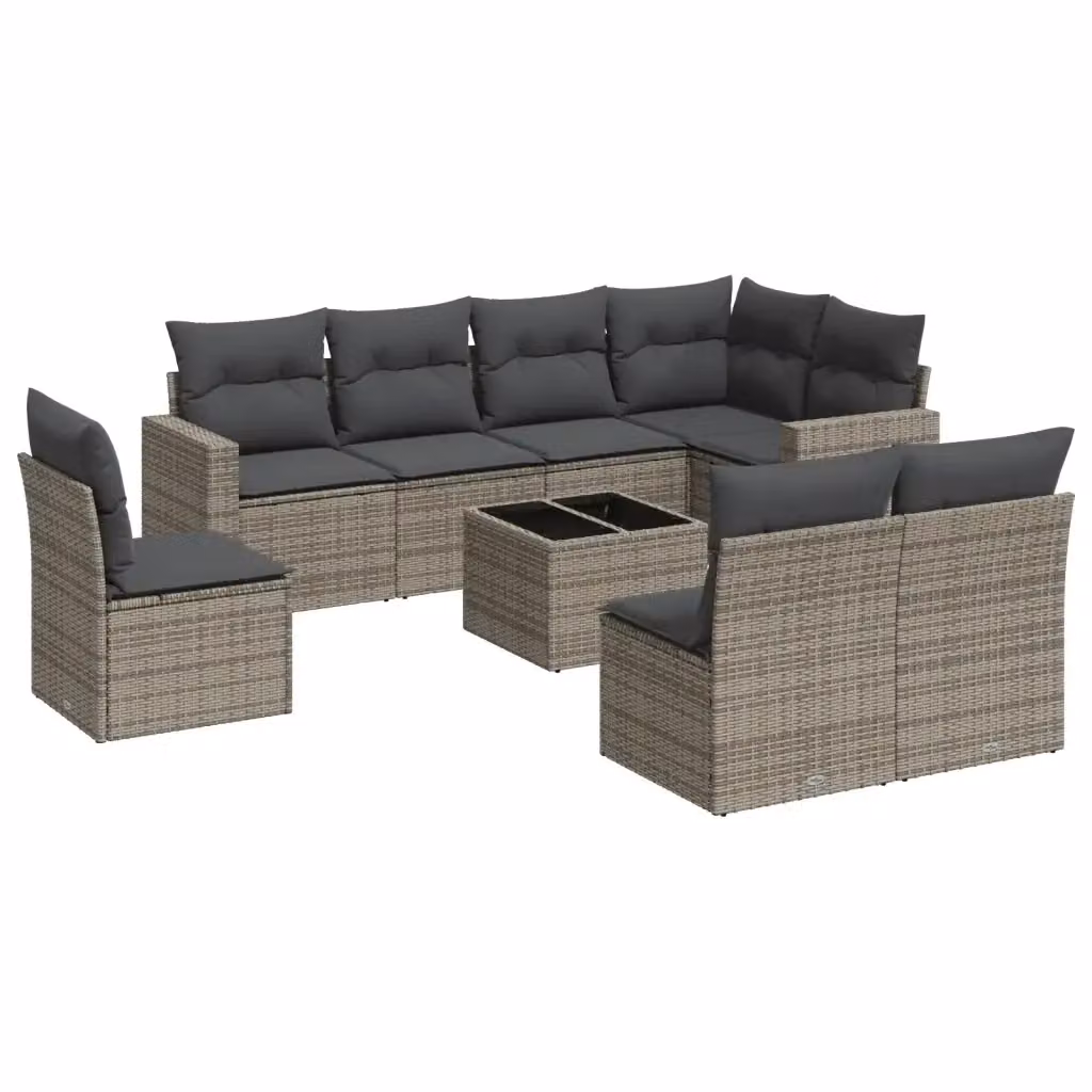 vidaXL Set Divano da Giardino 9 pz in Polyrattan Grigio con Cuscini e Tavolino da Esterno – 2