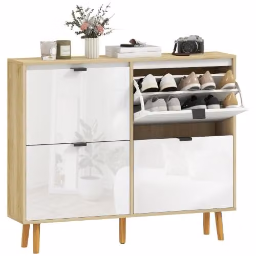 HOMCOM Scarpiera Salvaspazio Slim con 4 Ante 105x24x92.5 cm Bianco Lucido