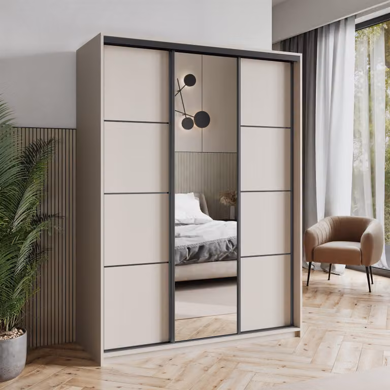 Armadio scorrevole Masseno VARO 150/205/60 cm Armadio con cassetti Armadio per camera da letto a 3 ante con specchio Cashmere + Nero
