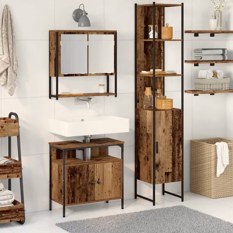 Set di mobili da bagno moderno vidaXL in legno e metallo marrone composto da 3 pezzi con armadietto specchio, mobile lavabo e colonna alta