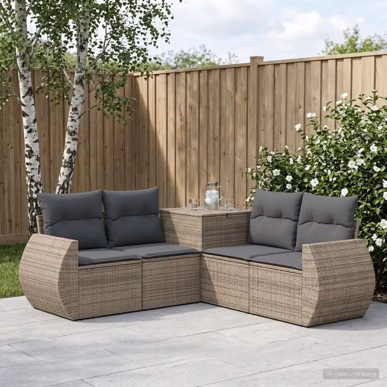 Set di divani da giardino vidaXL in polyrattan grigio con cuscini inclusi e coperture rimovibili