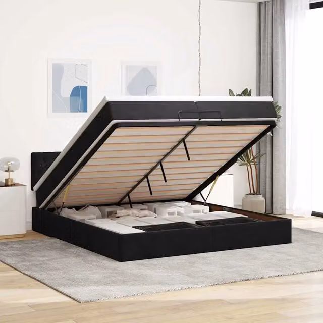 Struttura Letto Pouf con Materasso Nero 200x200 cm in Velluto 3311869