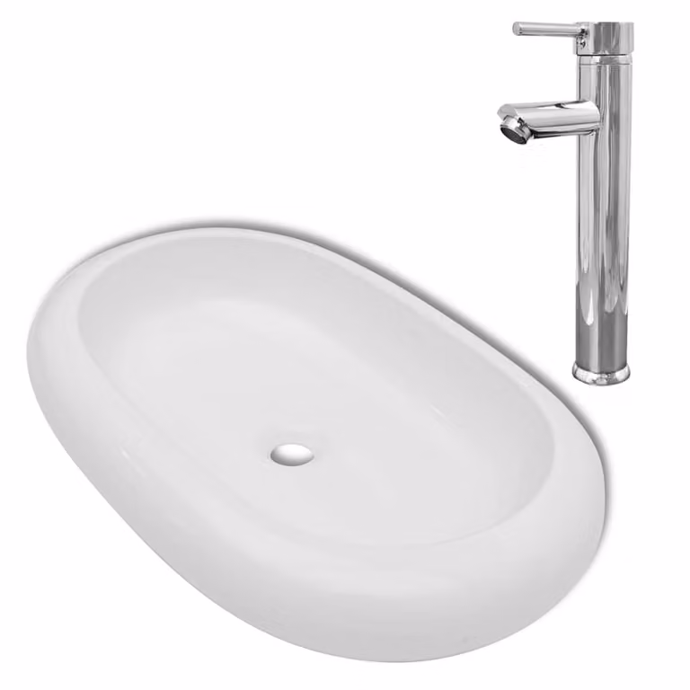 Lavello Bagno con Miscelatore in Vetroceramica Ovale Bianco