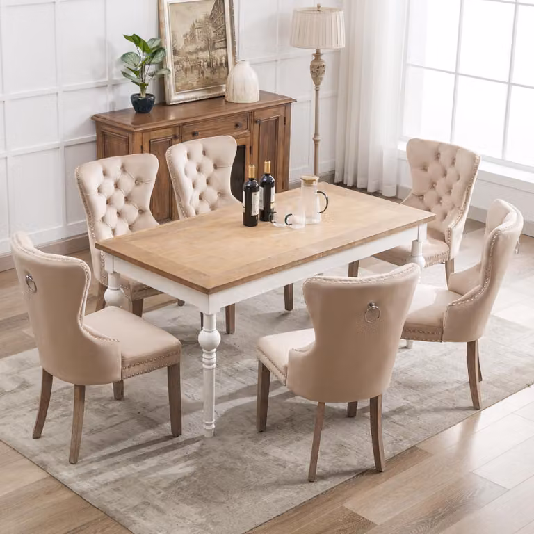 Sedia da pranzo Fortuna Lai (sedia da cucina/soggiorno con esclusivo battente sul retro, 6 pezzi), sedia imbottita con rivestimento in velluto, gambe in legno massello, rivestimento in velluto, beige