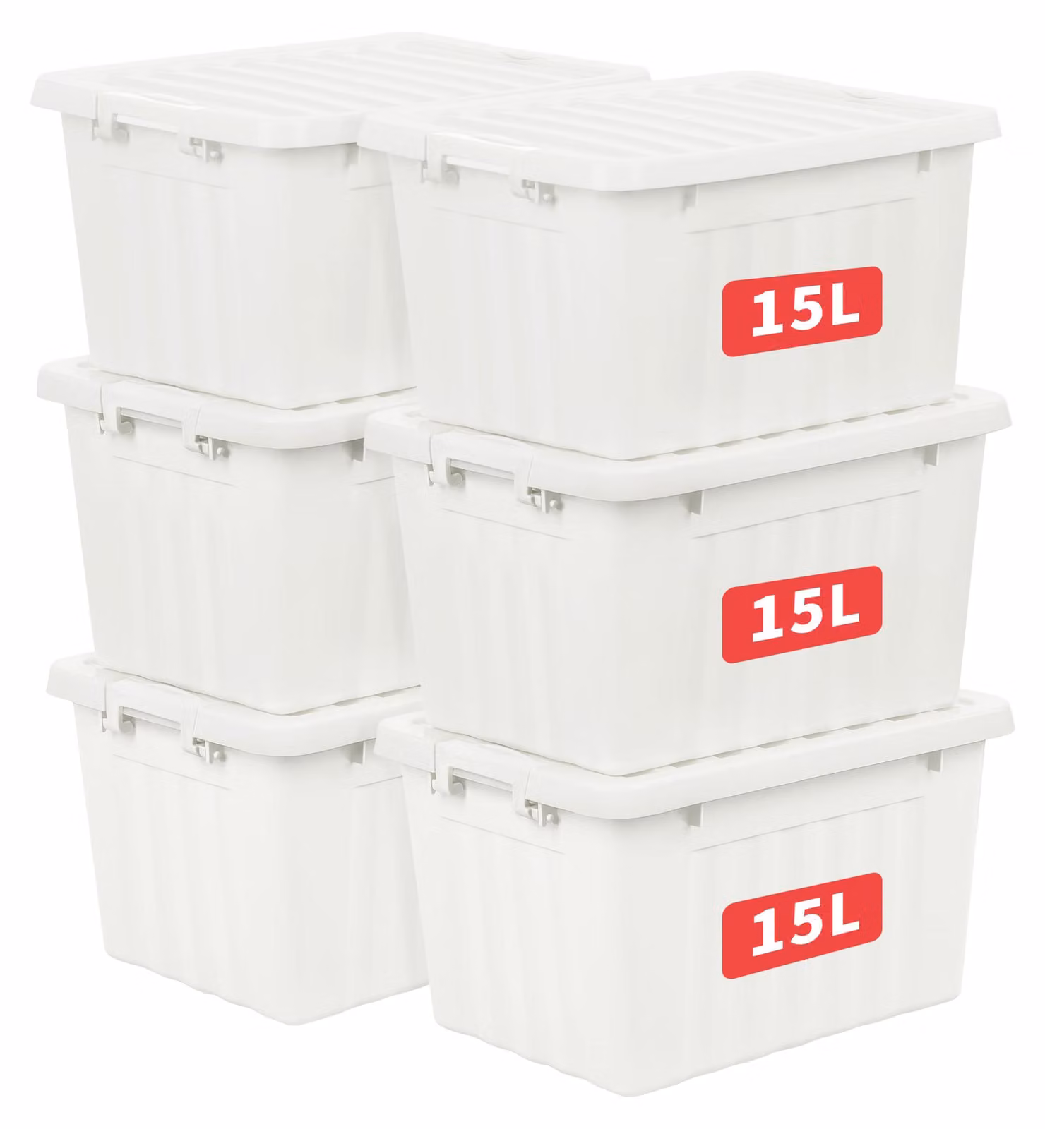 Cetomo, 6 contenitori da 15 litri, contenitori in plastica rinforzati con scanalature, con coperchi e clip, contenitori impilabili, ideali per l'organizzazione in casa e in ufficio, in PP, colore bianco, confezione da 6