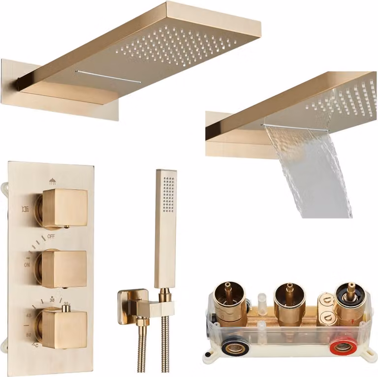 Set doccia incasso ARI, miscelatore termostatico con soffione effetto cascata, box da incasso, oro spazzolato