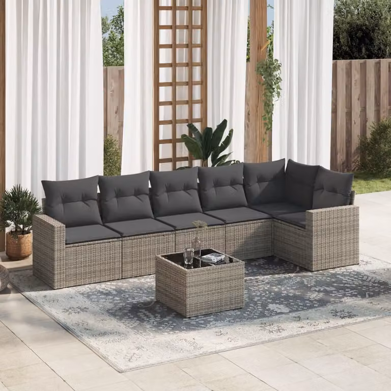 Set di divani da giardino vidaXL in polyrattan grigio con cuscini, tavolino e sedute a forma di L per esterno