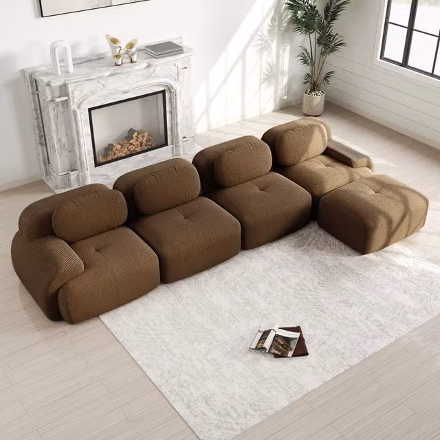 Divano angolare modulare senza montaggio in velluto a coste con schienale ergonomico e base antiscivolo marrone