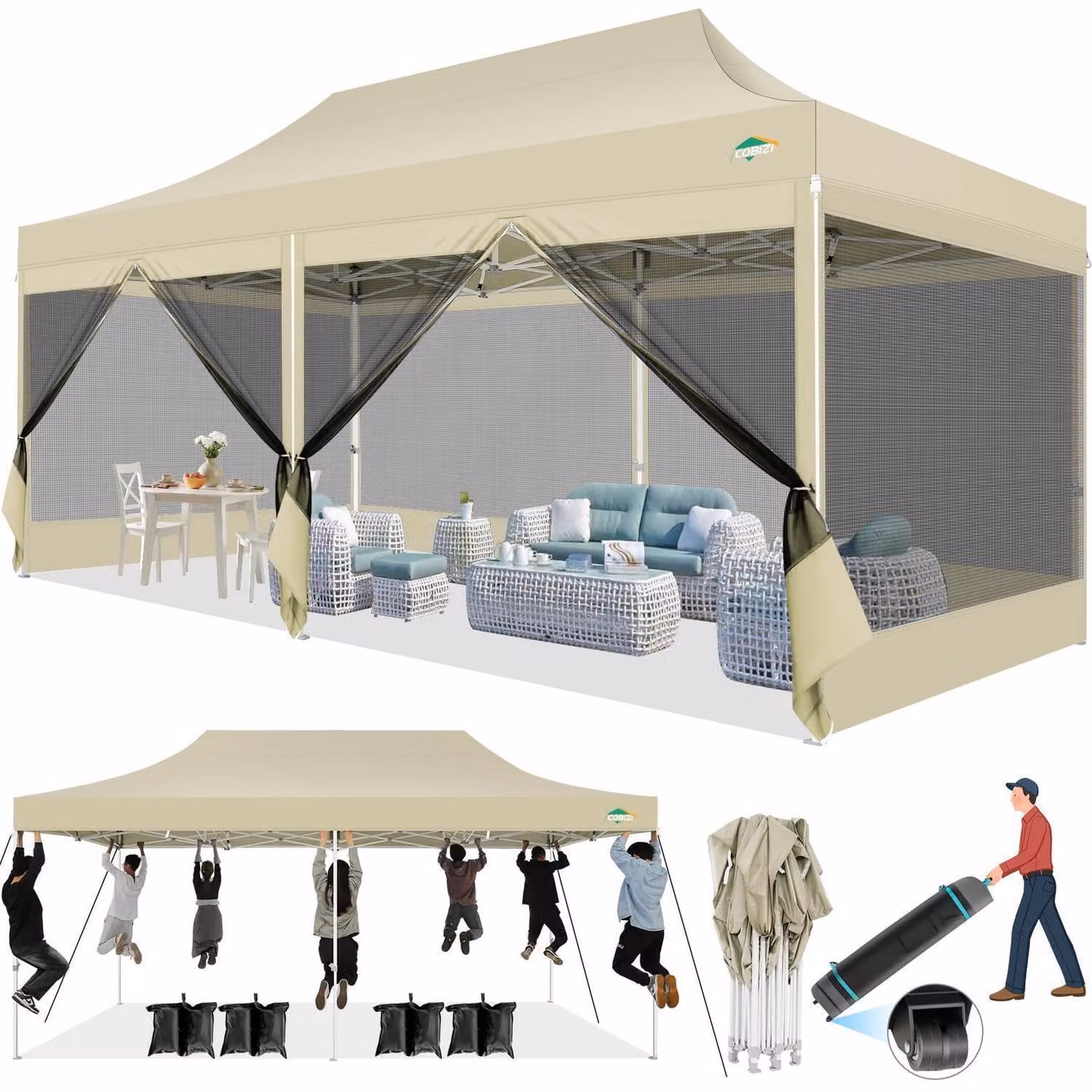Tenda da giardino 3x6 metri, impermeabile, con protezione UV e 6 pareti laterali in rete, color kaki