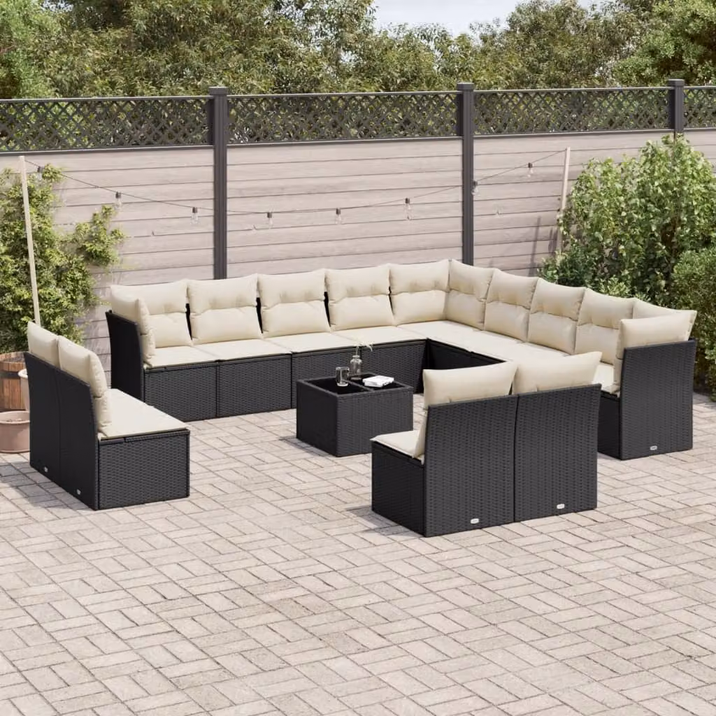 vidaXL Set Divani da Giardino a Forma di U in Polyrattan Nero con Cuscini e Tavolino da Esterno – 1