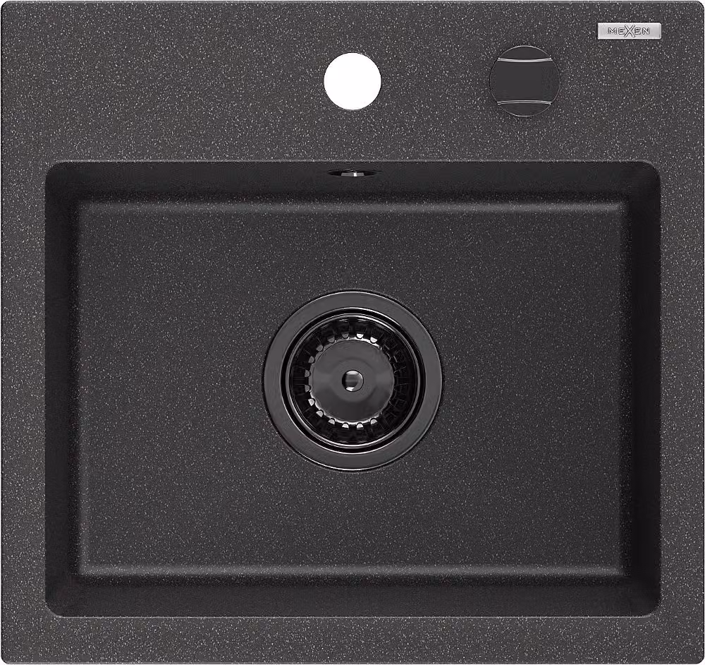 Mexen Milo lavello in granito ad 1 vasca 435 x 410 mm, nero maculato, sifone nero - 6505441000-76-B