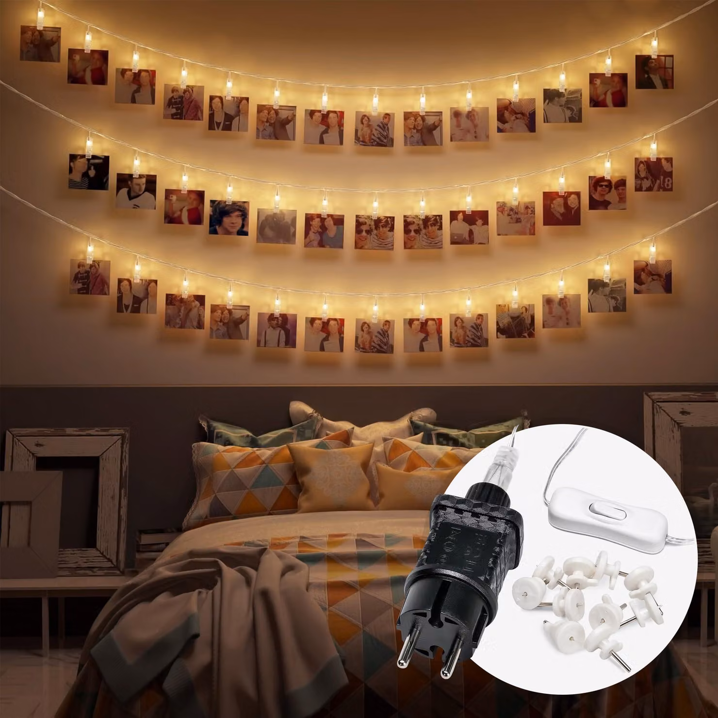 Catena luminosa a LED, lunghezza 6 metri, 30 lampadine bianco caldo, con spina, include clip per foto