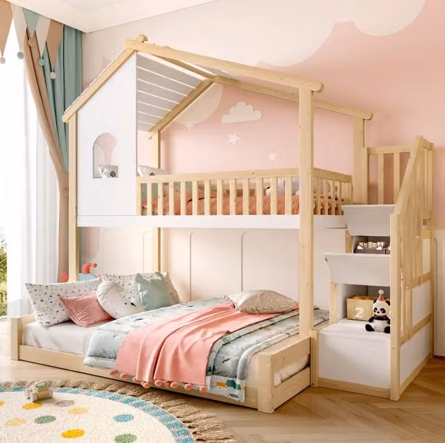 Letto a castello a casetta 90x200 e 140x200 cm in pino, naturale e bianco