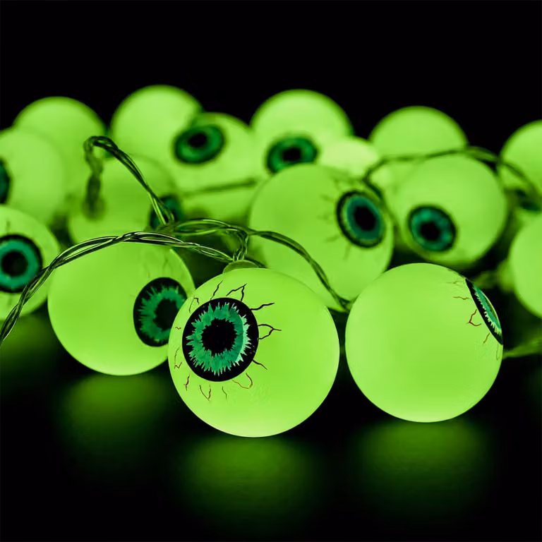 Catena luminosa a tema Halloween, 3 metri, 20 occhi di fantasmi verdi a LED, alimentazione a batteria