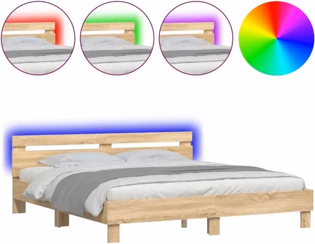 Letto matrimoniale | Letto per adulti | Giroletto con Testiera e LED Rovere Sonoma 160x200 cm