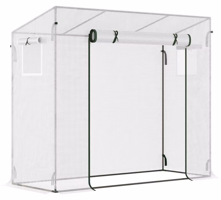 Serra a fogliame Moonbite, dimensioni 200 x 76 x 168 cm, con porta a rullo, serra per pomodori resistente al vento e dotata di finestre laterali, struttura in acciaio con tiranti, colore bianco