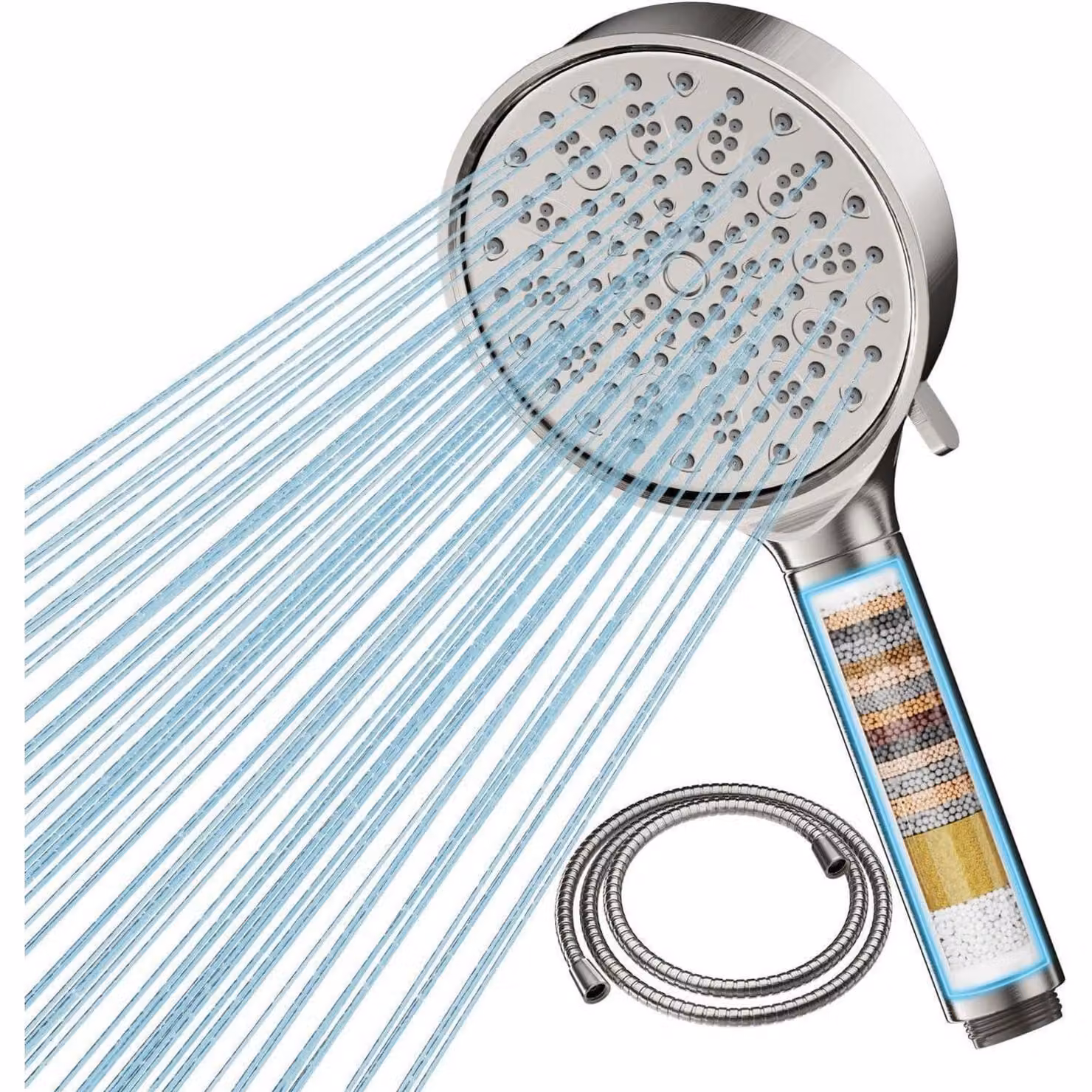Doccia con filtro, soffione manuale ad alta pressione con tubo flessibile, 6 getti, risparmio idrico, filtrazione a 20 strati, finitura in nichel satinato