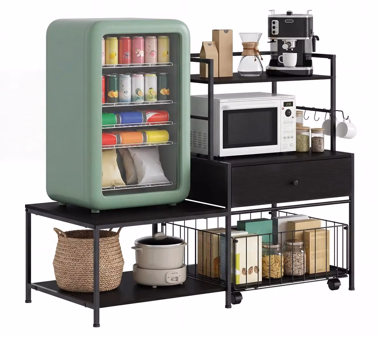 Ripiano per microonde - Organizzatore per cucina - Cesto scorrevole - Gancio - A forma di L - Metallo - Nero