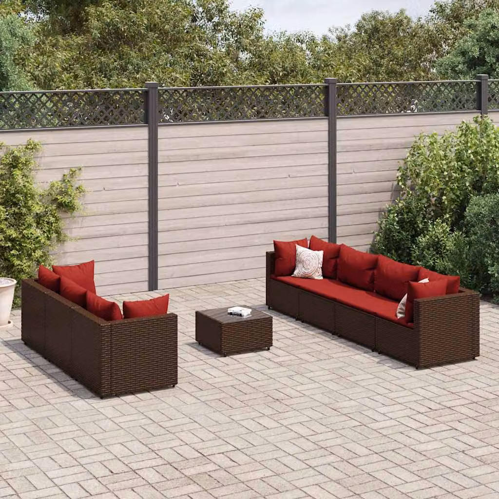 Set Divani da Giardino vidaXL 8 Pezzi con Tavolino e Cuscini in Polyrattan Marrone e Rosso con Struttura in Acciaio e Design Moderno a L