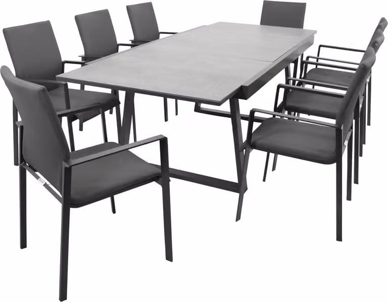 Set da giardino DEGAMO REIMS, 9 pezzi, alluminio grigio scuro + vetro + tessuto sintetico grigio scuro