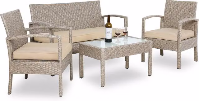 Set da giardino Casaria composto da 4 pezzi in polyrattan color beige con piano in vetro