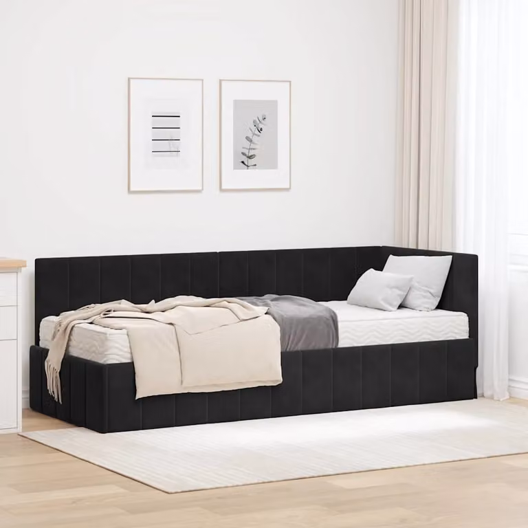 vidaXL Struttura Letto Angolare con 2 Materassi in Velluto Nero L: 200 cm, P: 80 cm, H: 84 cm