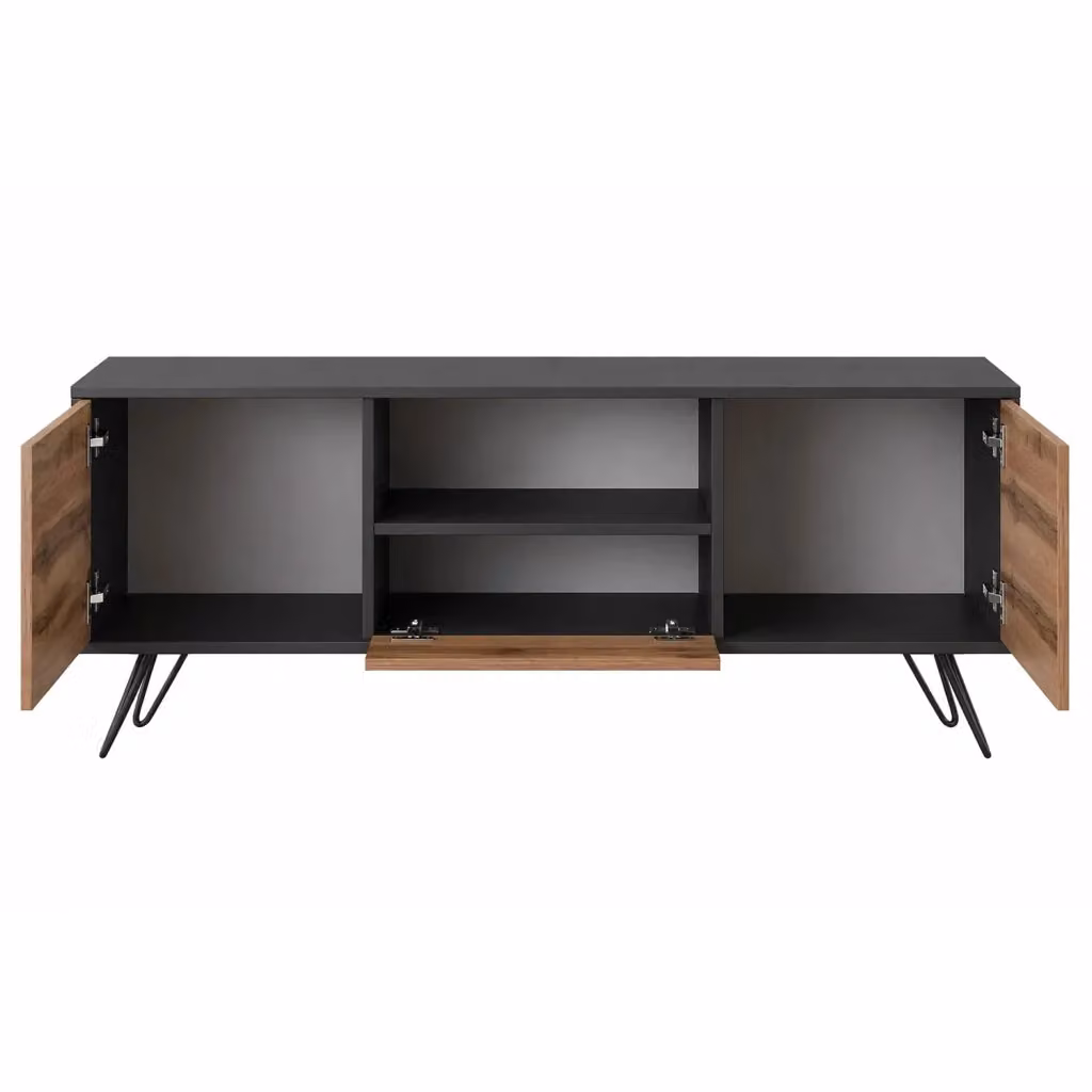 Mobile Porta TV Moderno MEGAOFFERTE con 2 Ante Battenti, Anta a Ribalta e Vano a Giorno, Nero e Rovere, L: 137 cm, P: 52 cm, H: 33 cm – 2