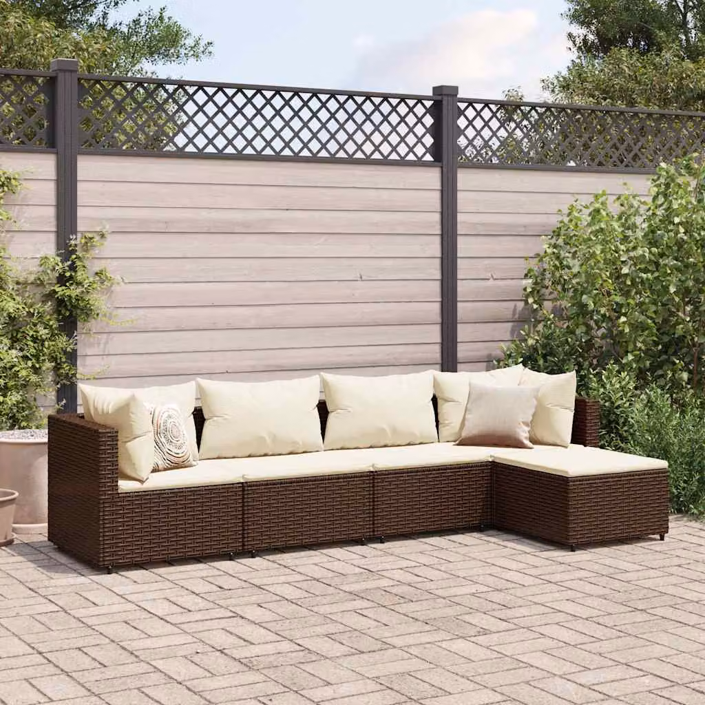 Set di divani da giardino vidaXL a forma di L composto da 5 pezzi con cuscini e pouf, colore marrone e bianco, in rattan e metallo con struttura in acciaio verniciato a polvere – 1