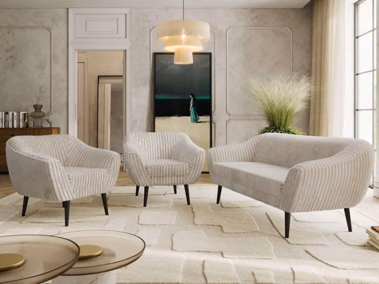 Divano componibile MKS MEBLE, set divani PIRS 1-1-3, divano scandinavo a 3 posti con poltrone, divano con sospensioni a molle, gambe nere, design scandinavo - color beige