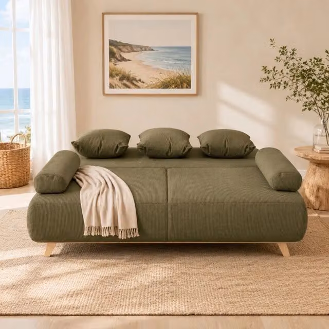 Divano letto MIVRAY a 3 posti in velluto verde con vano contenitore e 5 cuscini, dimensioni materasso 140 x 188 x 40 cm