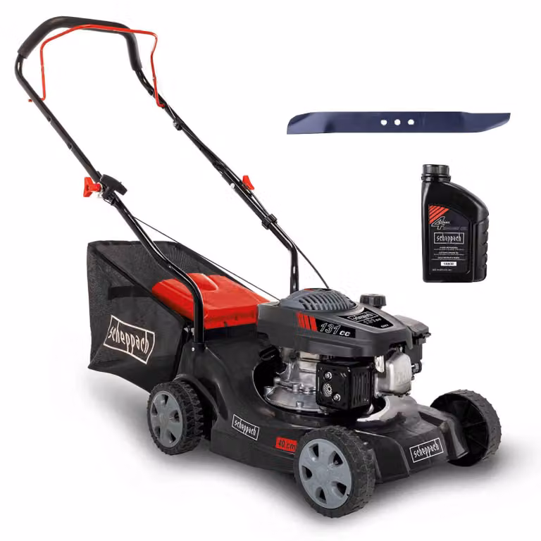 Tosaerba a benzina Scheppach MP132-40 | Potenza 3,3 CV | Larghezza di taglio 40 cm | Regolazione dell'altezza di taglio a 3 livelli | 35 litri | incl. olio motore e lama di ricambio