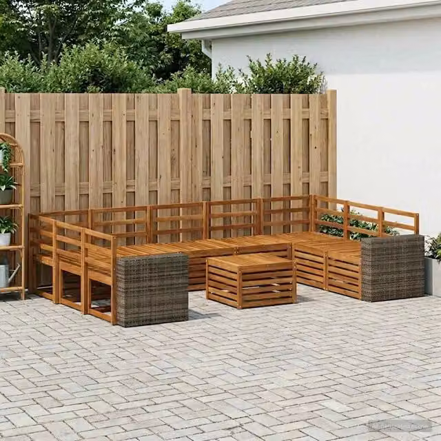 Set di divani da esterno vidaXL in legno di acacia con cuscini beige e marrone, composizione a L con tavolino da caffè incluso – 1