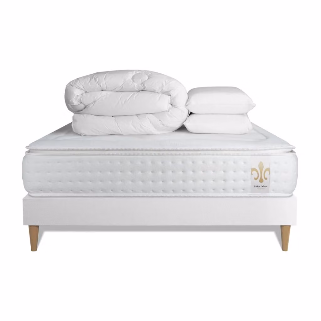 Set letto completo Vingt-Quatre PLUS con materasso hybrid, box spring con doghe, 2 cuscini e piumino, colore bianco, L/P/H: 200 x 200 cm – 2