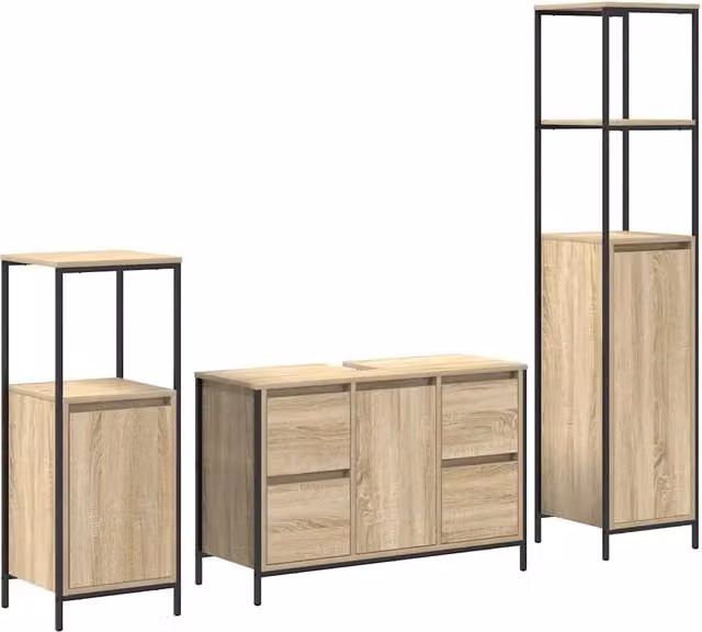 Set di mobili per il Bagno | Armadio da bagno con porta 3 pz Rovere Sonoma e Nero