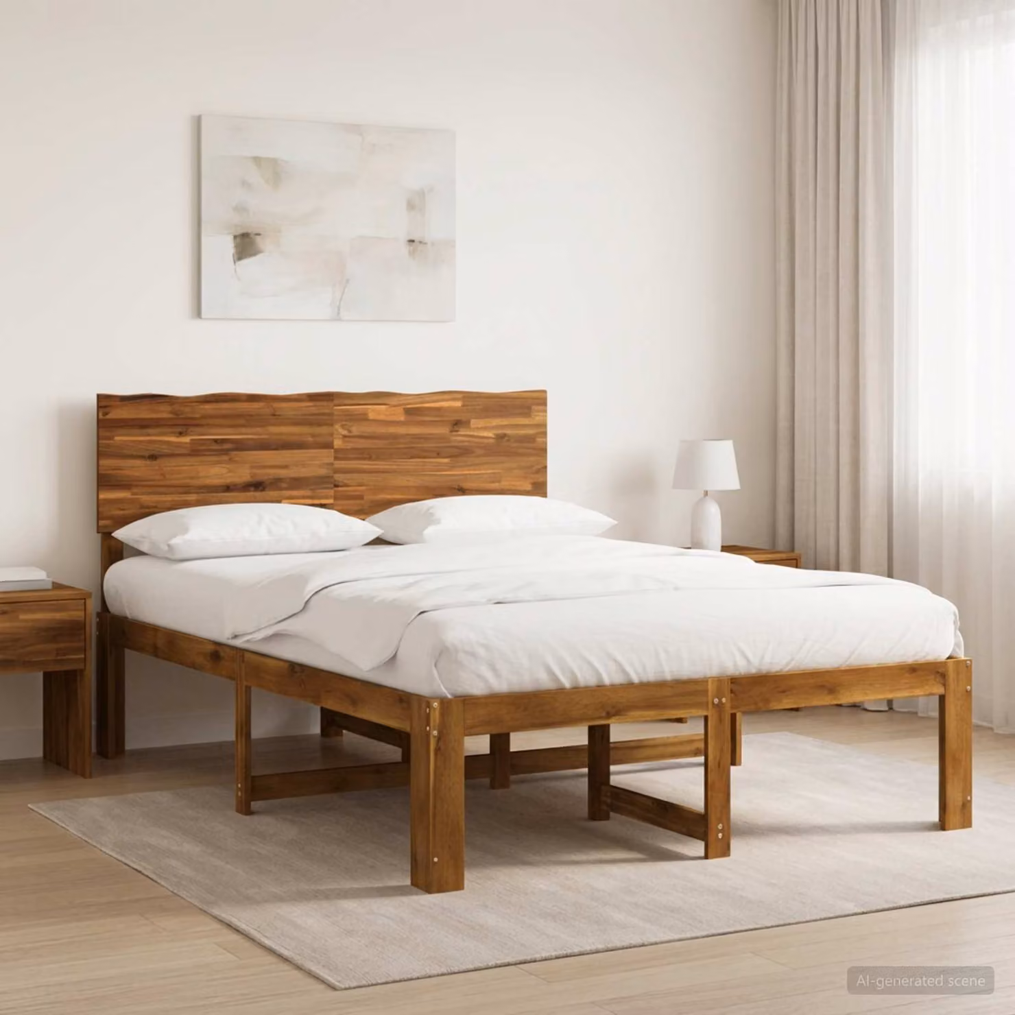 Letto matrimoniale con testiera vidaXL ROSTOCK in legno di acacia naturale, colore marrone, L: 152 cm, P: 203 cm