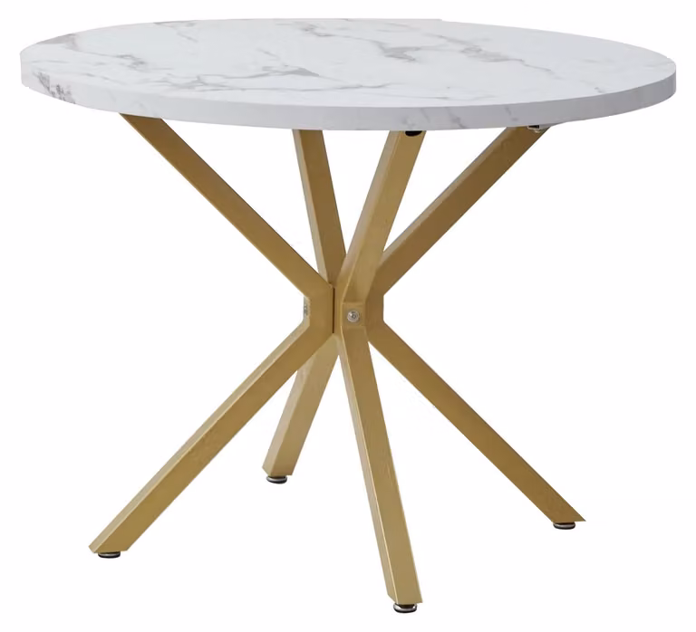 Tavolo da pranzo - Tavolo rotondo - Diametro 100 cm - Piano in vetro con effetto marmo - Struttura in metallo - Per 4 persone - Design minimalista e moderno - Bianco e oro