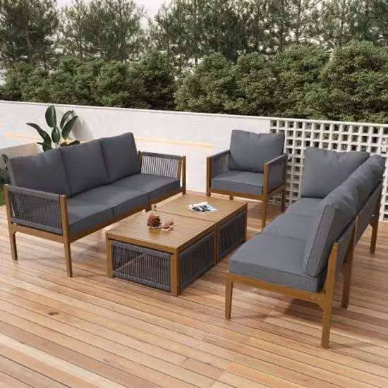 Set da giardino per 7-8 persone, comodo set da giardino con panca, tavolo e cuscini, rivestimento in tessuto sfoderabile e impermeabile, nei colori naturale e grigio.