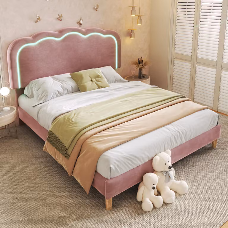 Letto imbottito 140x200 cm con testiera LED, regolabile in altezza, rivestito in velluto, completo di rete a doghe e con funzione di cambio colore e modalità musicale, colore rosa