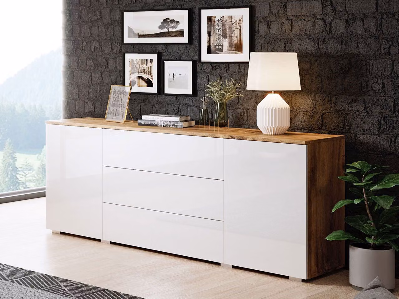 Cassettiera combinata moderna MERISA 150 - bianco lucido / rovere wotan