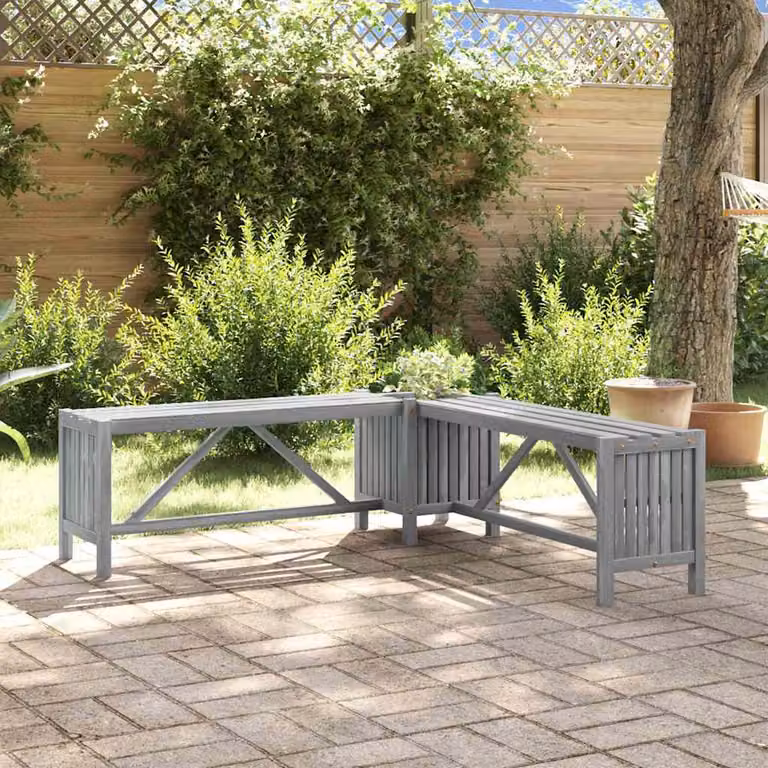 vidaXL Panca da Giardino Angolare con Fioriera in Legno di Acacia Massello Grigio L: 117 cm, P: 40 cm