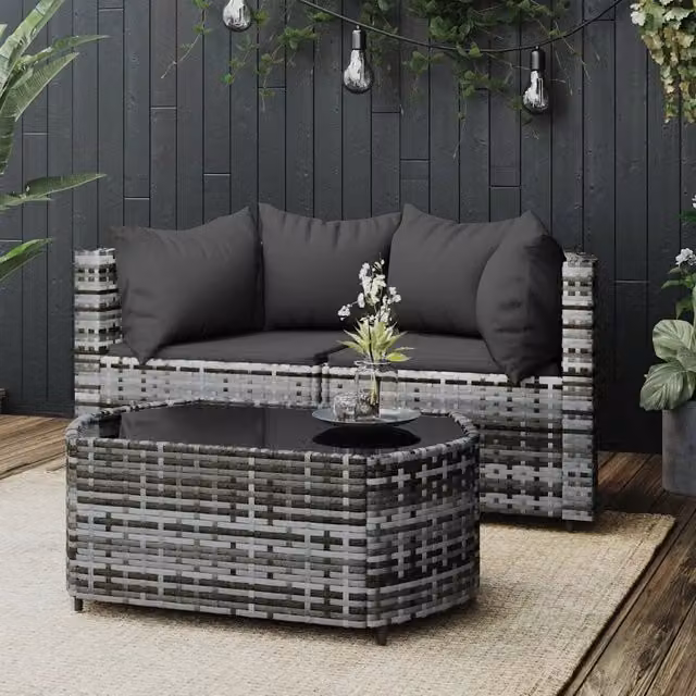 Set da giardino moderno vidaXL composto da divano a 3 posti, elemento angolare e tavolino da esterno con cuscini in antracite e struttura in metallo e rattan – 1