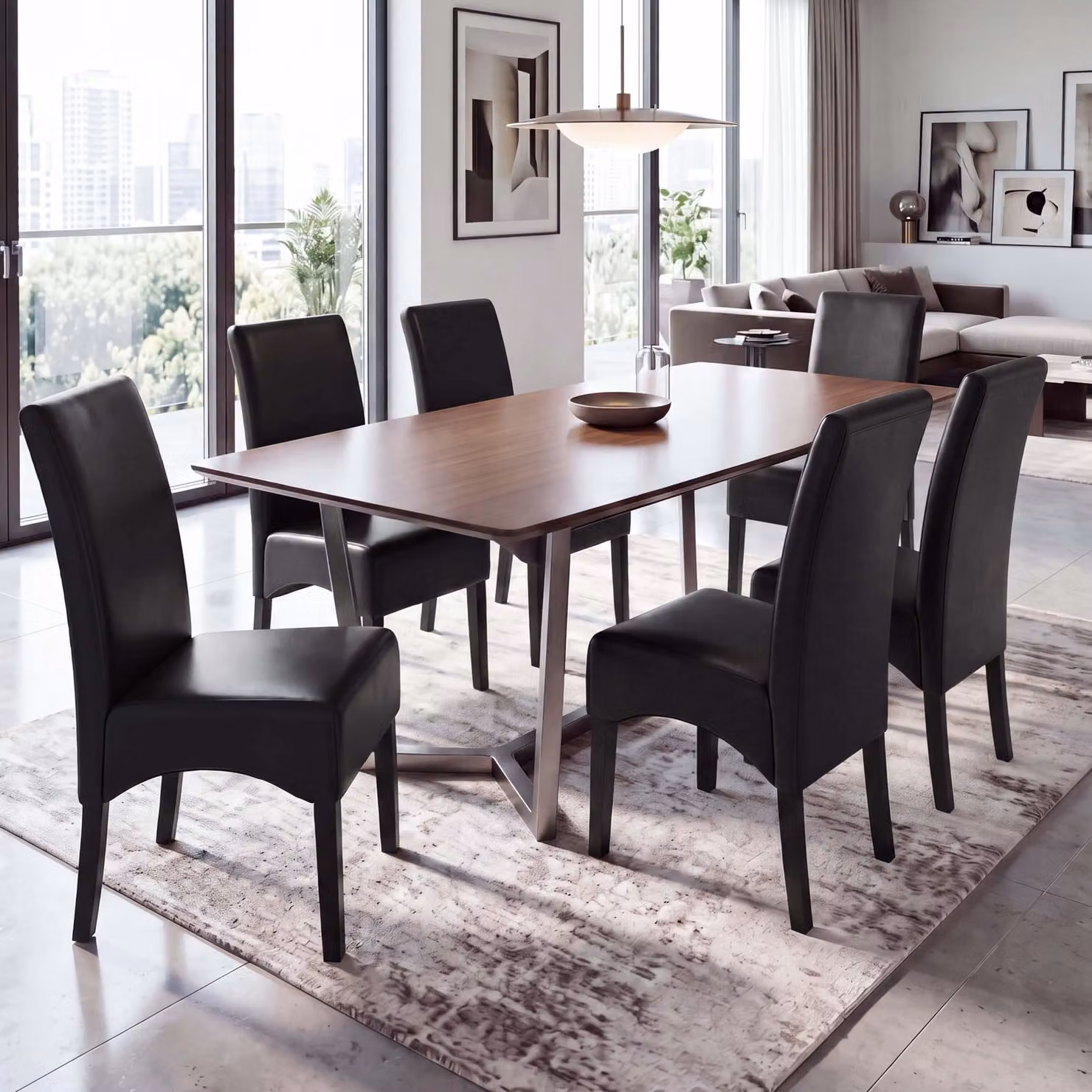 Set da 6 sedie da pranzo e da cucina Crotone, in PELLE ~ nero, gambe scure