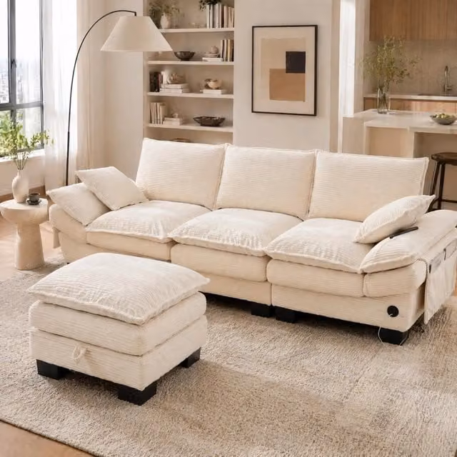 Divano modulare 3 posti con pouf contenitore; USB-C; corduroy beige 260x132x84 cm
