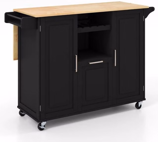 Carrello cucina isola con piano ribaltabile e 4 ruote girevoli, Isola cucina con cassetto profondo portabottiglie Nero