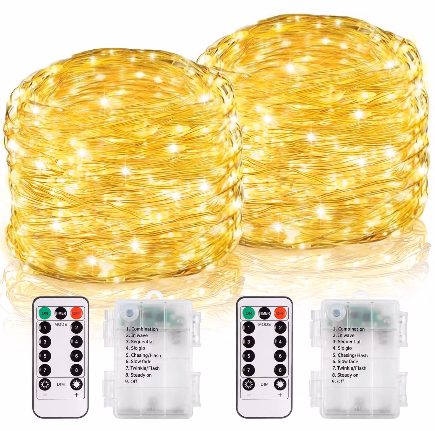 Catena luminosa da 12 metri, con 120 LED, alimentata a batteria, con telecomando e timer
