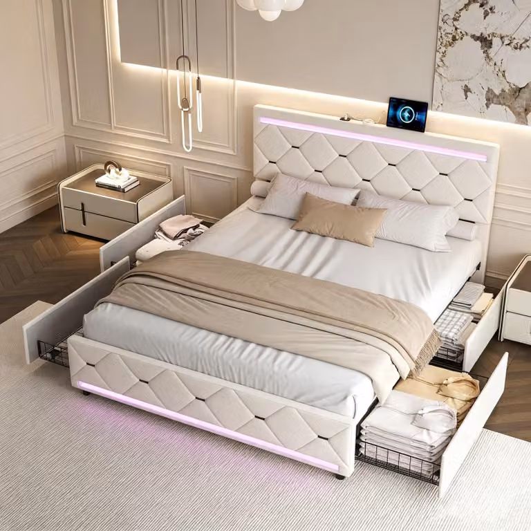 Letto imbottito INONEFT, 140x200 cm, con USB e LED, letto per ragazzi/matrimoniale con 4 cassetti, letto matrimoniale contenitore con rete a doghe, in velluto, color beige